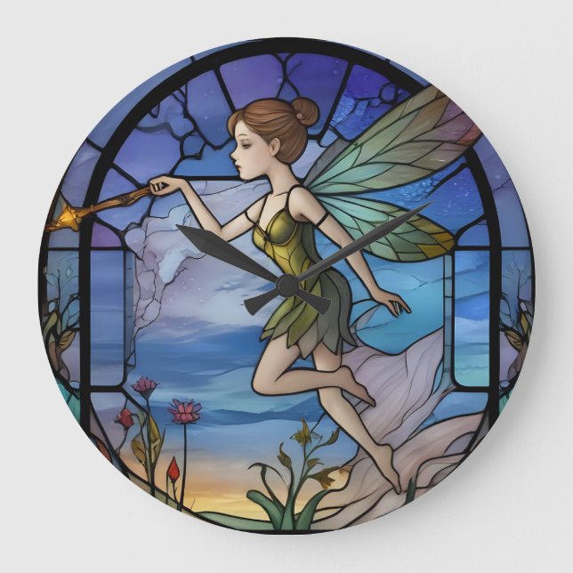 Stainglass Fairy Große Wanduhr (Vorderseite)