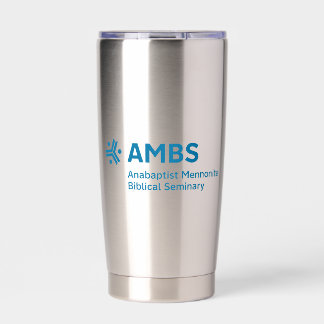 Stainless steel tumbler with blue AMBS logo Thermobecher