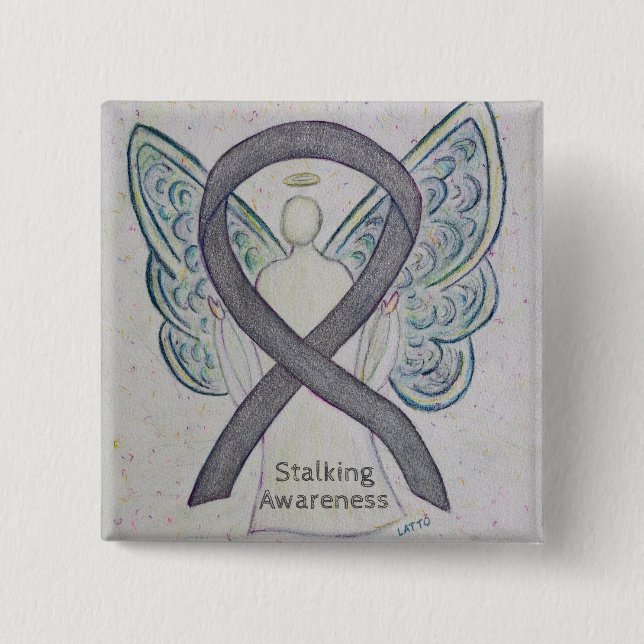 Stalking Awareness Ribbon Silver Angel Art Buttons (Vorderseite)