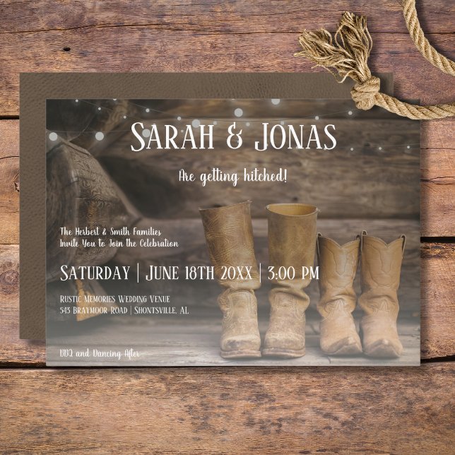 Stall & Boots Rustikaler Cowboy Western Hochzeit Einladung (Barn Rustic Boots for Two Cowboy Wedding Invitation)