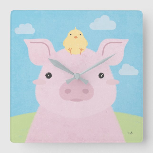 Stall Buddies - Piglet & Chick Quadratische Wanduhr (Vorderseite)