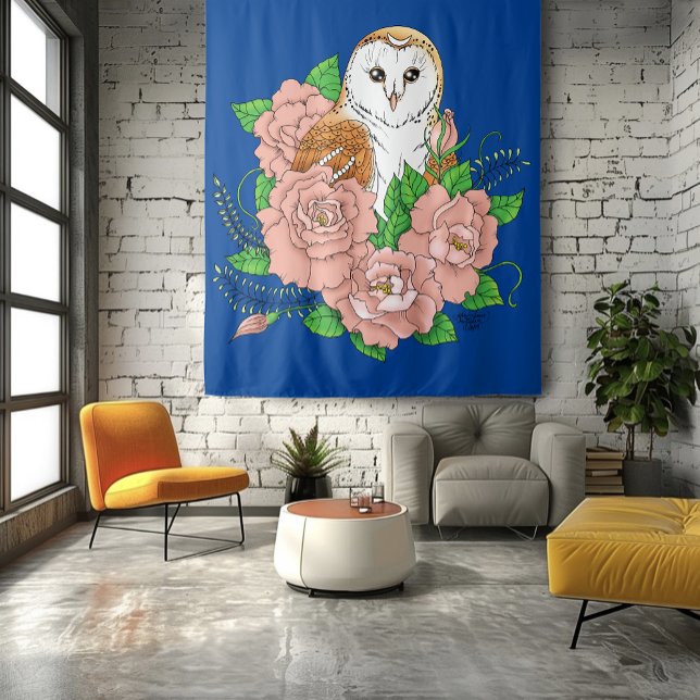 Stall Owl Pink Blume Blau Wandteppich (Von Creator hochgeladen)