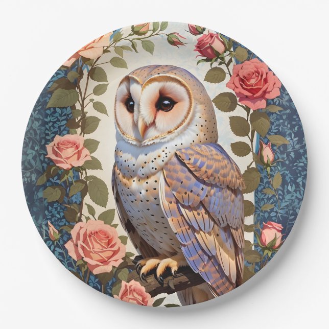 Stall Owl Pink Roses Foral Pappteller (Vorderseite)