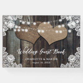 Stall Wood Hearts String Lights Floral Lace Weddin Gästebuch