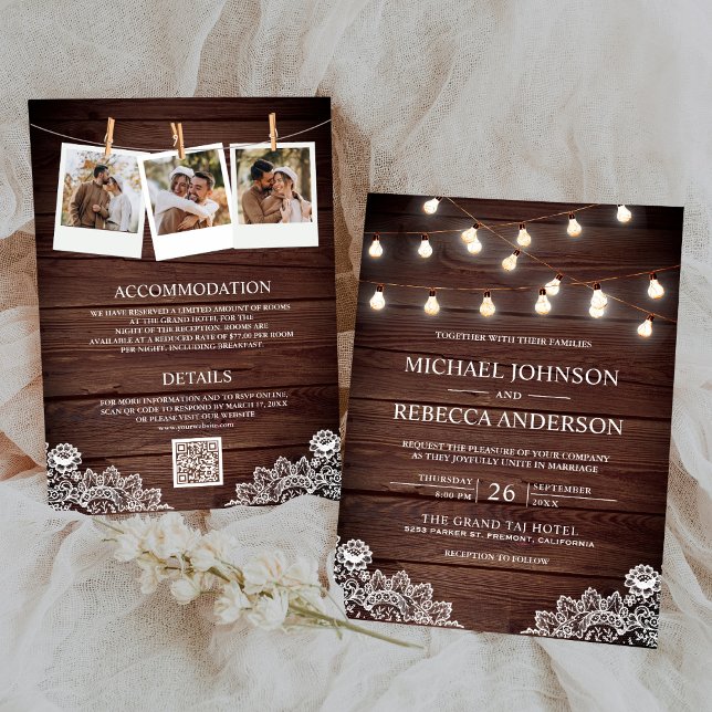 Stall Wood Lace String Lights Foto QR Code Wedding Einladung (Von Creator hochgeladen)