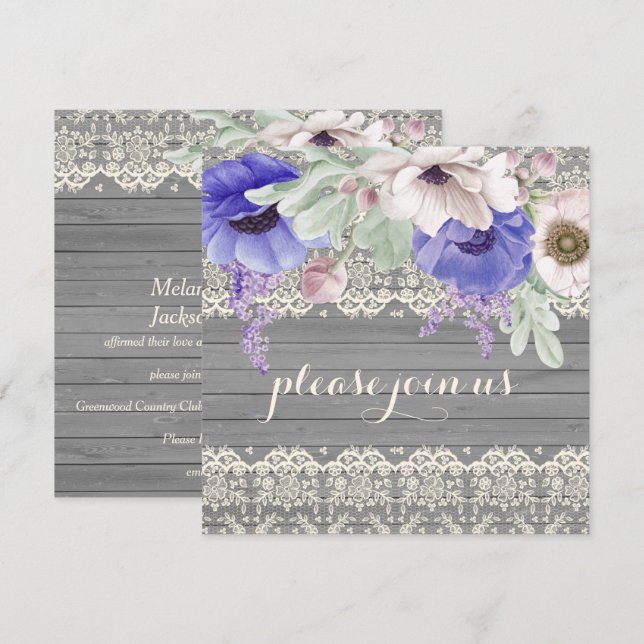 Stall Wood Lace Watercolor Blue White Anemones Einladung (Vorne/Hinten)