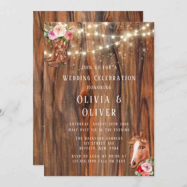 Stall Wood Lights Boots Horse Wagon Wheding Einladung (Vorne/Hinten)