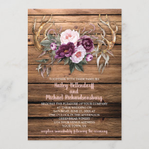 Stall Wood Lila Plum Peonies Antlers Wedding Einladung