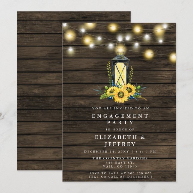 Stall Wood String Lights Sunflower Engagement Part Einladung (Vorne/Hinten)