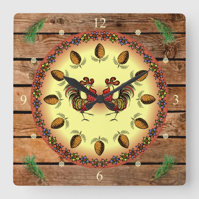 Stall-Zeichen ~ Hex-Zeichen ~ 2 Roosters ~ Pine Co Quadratische Wanduhr (Vorderseite)