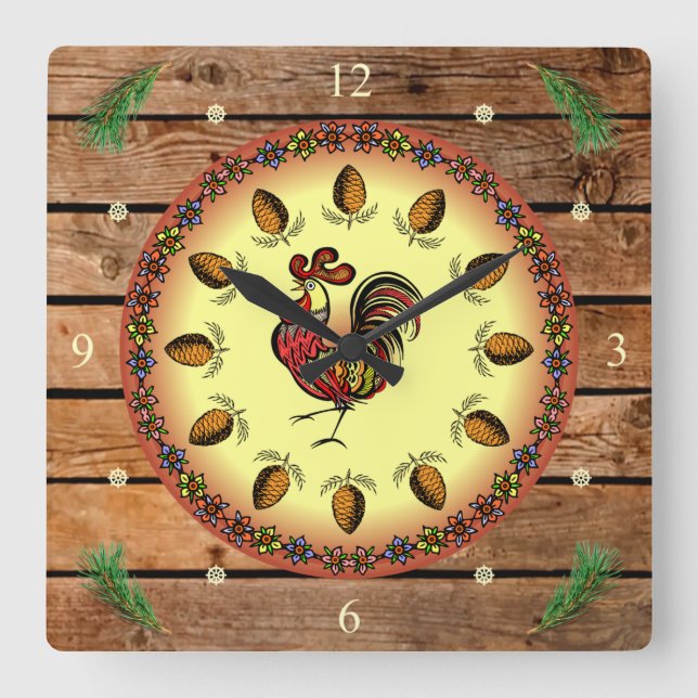 Stall-Zeichen ~ Hex-Zeichen ~ Rooster ~ Pine Conce Quadratische Wanduhr (Vorderseite)