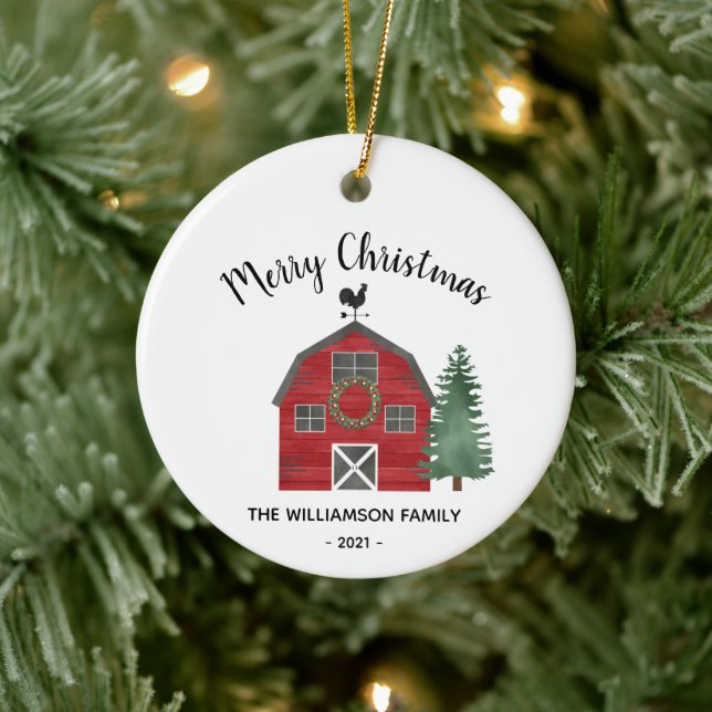 Stallfarm Land frohe Weihnachtsfamilie Name Keramik Ornament (Baum)