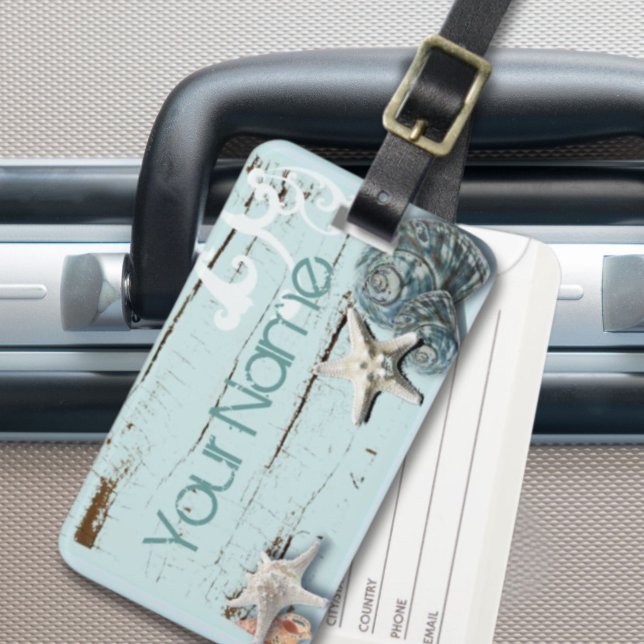 Stallholz Aqua-Seesterne-Muscheln Gepäckanhänger (Coastal barn wood aqua blue starfish seashells luggage tag)