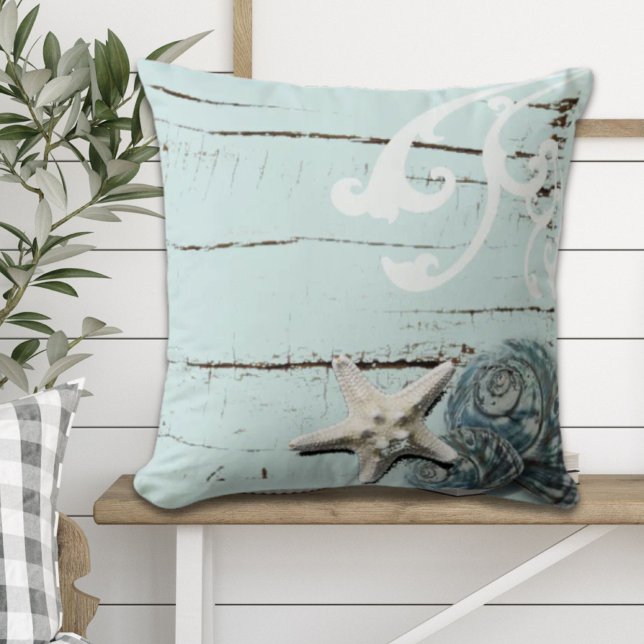 Stallholz Aqua-Seesterne-Muscheln Kissen (Coastal barn wood aqua blue starfish seashells throw pillow)
