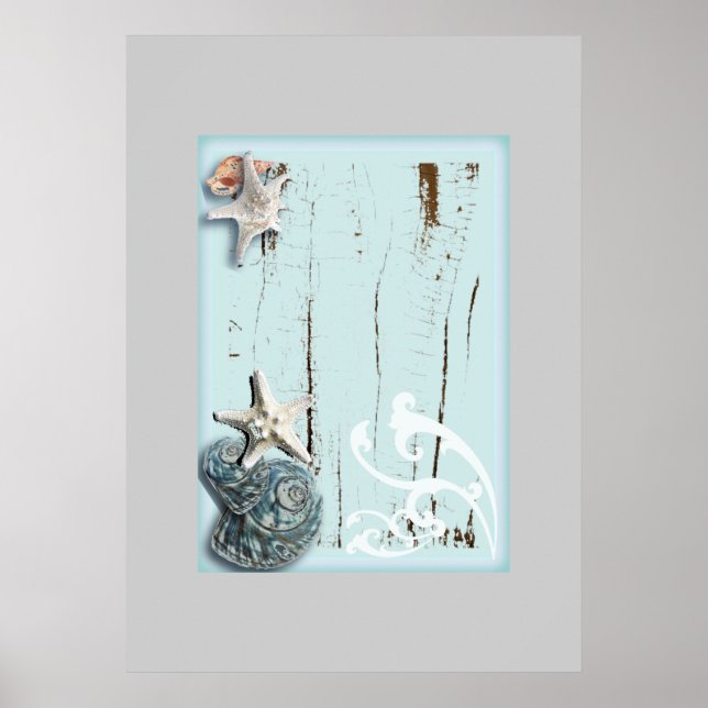 Stallholz Aqua-Seesterne-Muscheln Poster (Vorne)