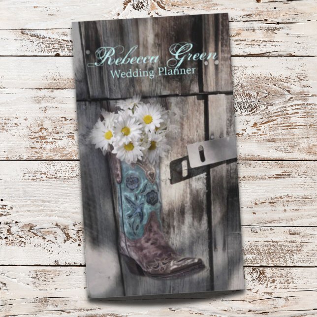Stallholz Cowboy Stiefel weiß blühend Visitenkarte (barn wood cowboy boot white daisy florist business card)