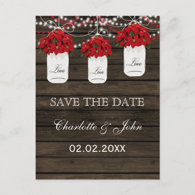 Stallholz Poinsettia Mason Jar Save the Date Ankündigungspostkarte (Vorderseite)