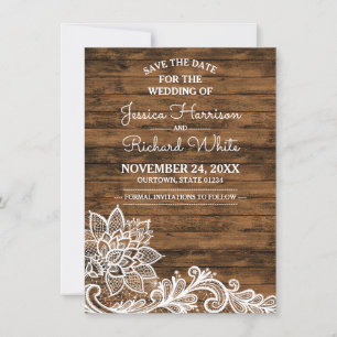 Stallholz und Spitzen-Hochzeit retten das Datum Save The Date