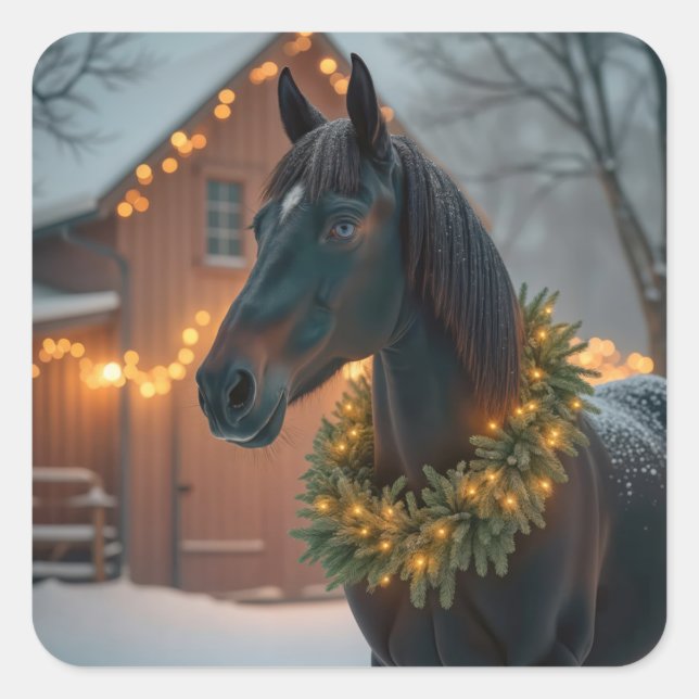 Stallion mit Weihnachtskranz Quadratischer Aufkleber (Vorderseite)