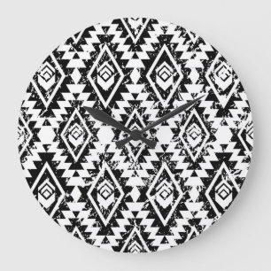 Stamm Navajo: Schwarz-weiß geometrisch. Große Wanduhr