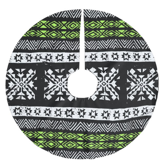 Stamm Navajo, Schwarz-weißes grünes Muster. Polyester Weihnachtsbaumdecke (Vorderseite)