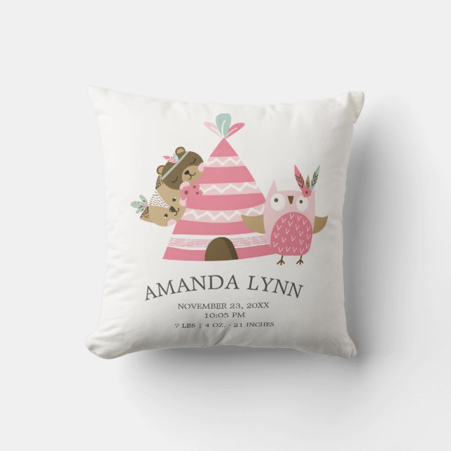 Stamm Woodland Animals Baby Birth Stats Pillow Kissen (Vorderseite)