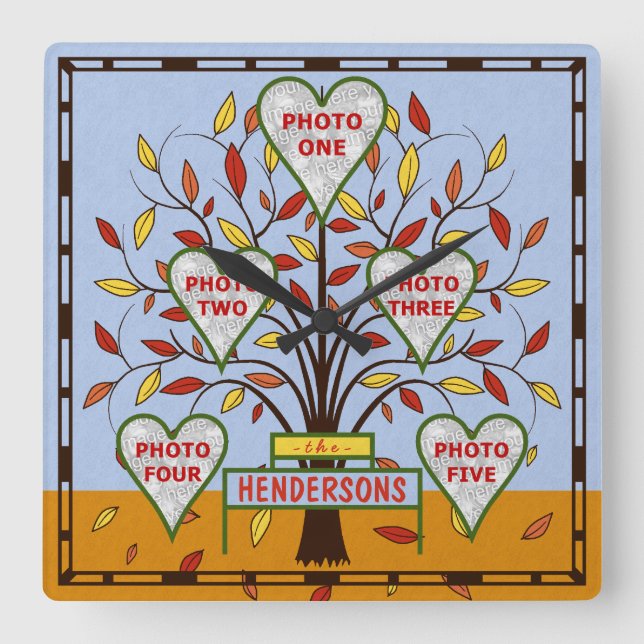 Stammbaum Custom 5 Foto Collage Herbst Blätter Quadratische Wanduhr (Vorderseite)