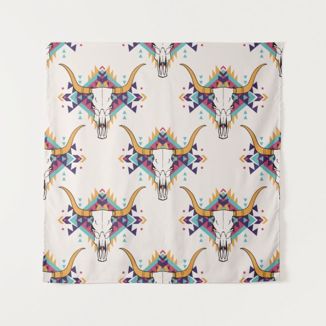 Stammebulle Schädel: Boho Nahtlos Wandteppich (Vorderseite)
