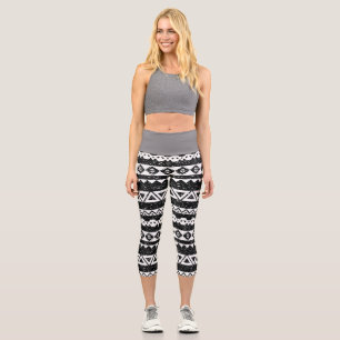 Stammes- Azteken Schwarz Glitter Weiß Geometrische Capri Leggings