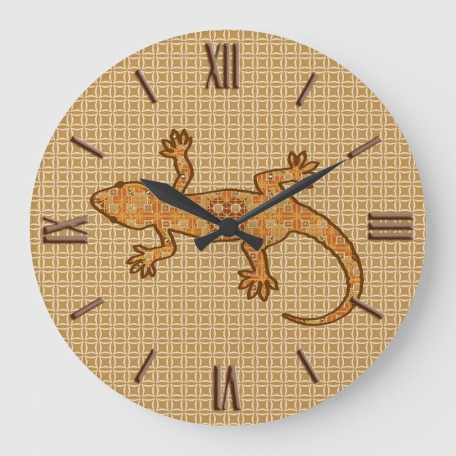 Stammes- Batik Gecko - Rost, Bernstein und Tan Große Wanduhr (Vorderseite)