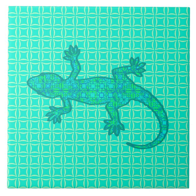 Stammes- Batik Gecko - Türkis/Pfau Fliese (Vorderseite)