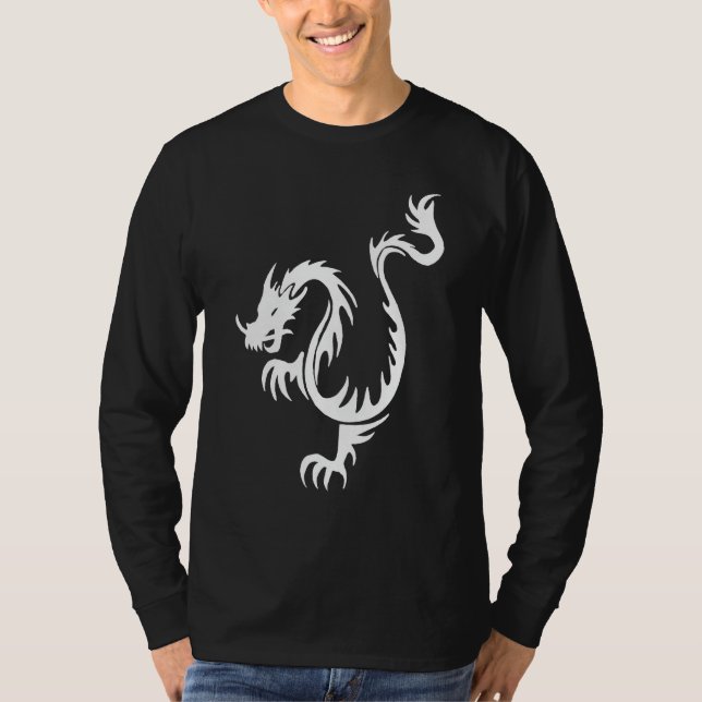 Stammes- Drache-langer Hülsen-Schwarz-T - Shirt (Vorderseite)