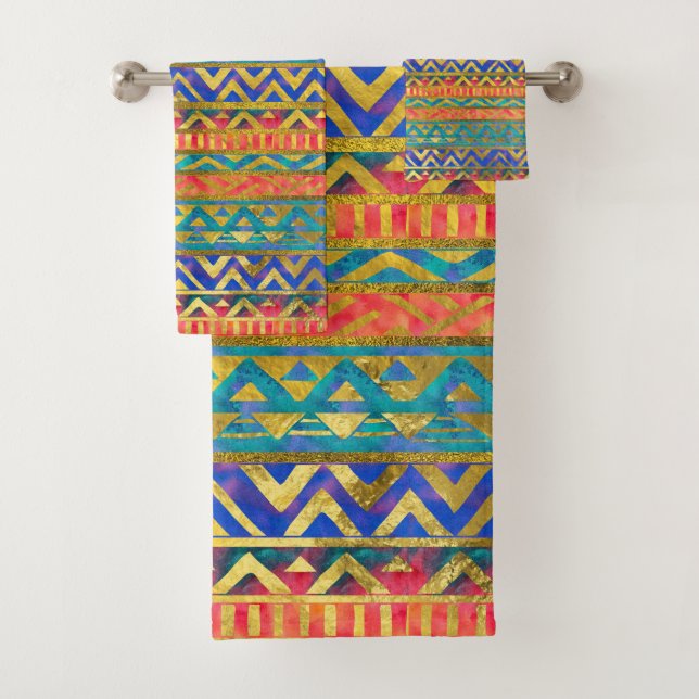 Stammes- geometrisches Aquarell-und Goldmuster Badhandtuch Set (Insitu)