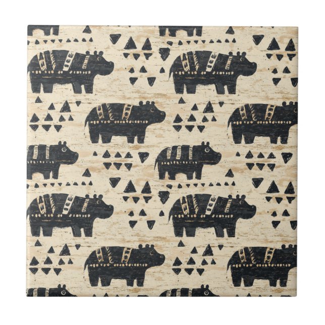 Stammes-Hippopotam-Safari-Muster Fliese (Vorderseite)