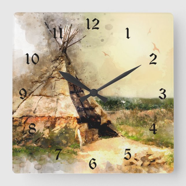 Stammes- Tipi ~ schöner AquarellTeepee Quadratische Wanduhr (Vorderseite)