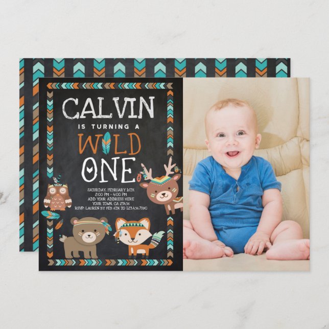 Stammes- Waldland, WILDES, 1. Geburtstag Einladung (Vorne/Hinten)