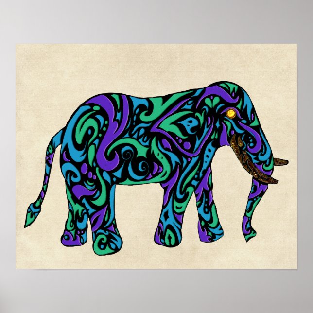 Stammestattoo-Elefant in Lila Blau und Grün Poster (Vorne)