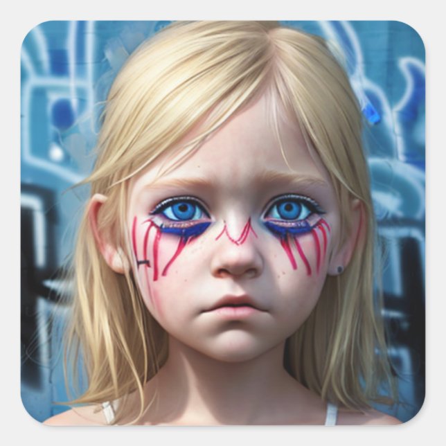 Stammkids | Futuristische Blonde Girl Big Blue Eye Quadratischer Aufkleber (Vorderseite)