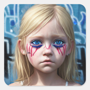 Stammkids   Futuristische Blonde Girl Big Blue Eye Quadratischer Aufkleber