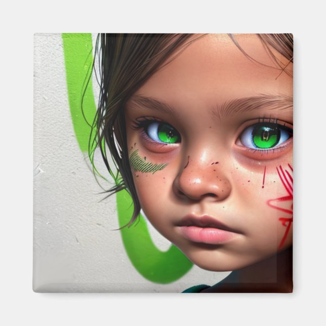Stammkids | Little Futuristic Girl Green Eyes Magnet (Vorne)