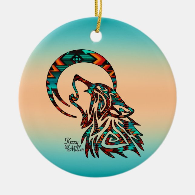 StammWolf heult auf dem Mond Keramik Ornament (Vorne)