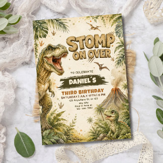 Stampf über die Dinosaurier-T-Rex-Dschungel-Geburt Einladung