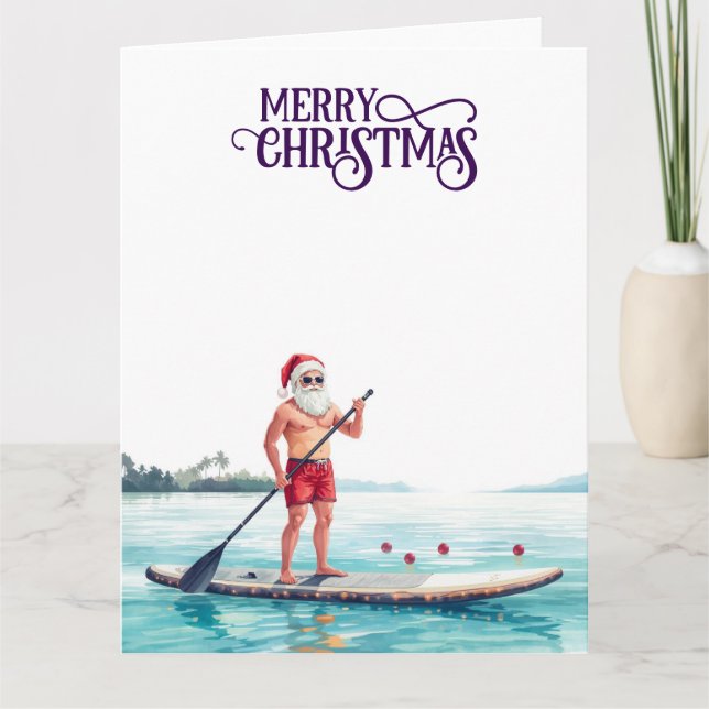 Stand-Up Paddle Santa — Coastal Christmas Holiday Karte (Vorderseite)