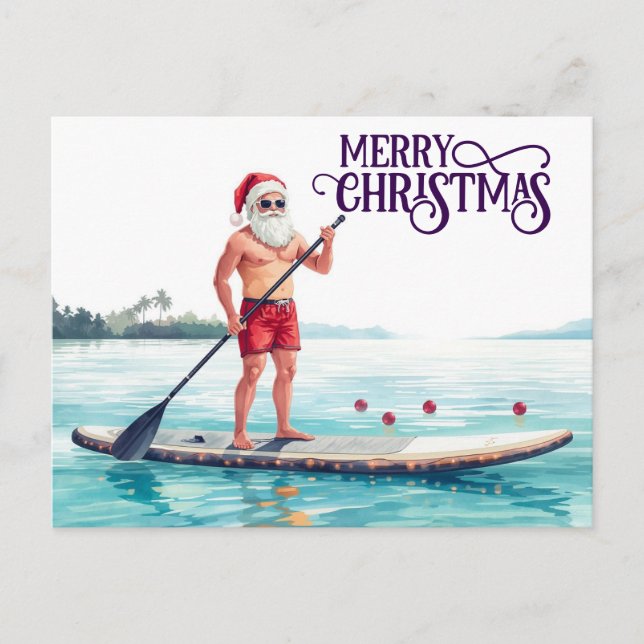 Stand-Up Paddle Santa — Coastal Christmas Holiday Postkarte (Vorderseite)