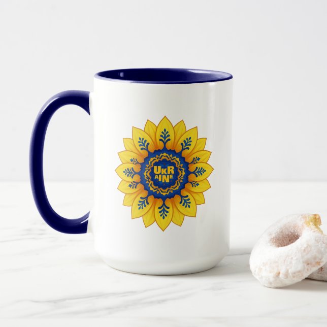 Stand with Ukraine Sunflower blue yellow flag Tasse (Mit Donut)