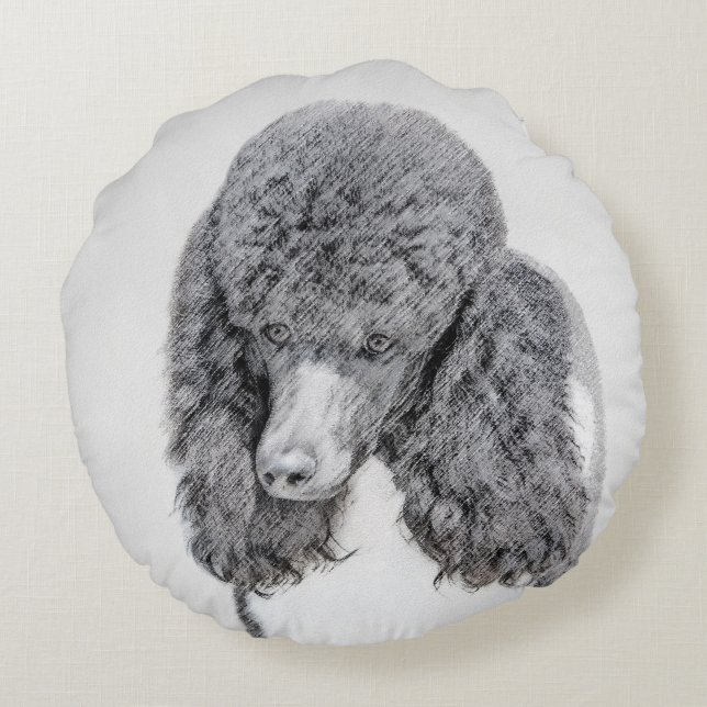 Standard Poodle Black Parti Painting - Hund Art Rundes Kissen (Rückseite)