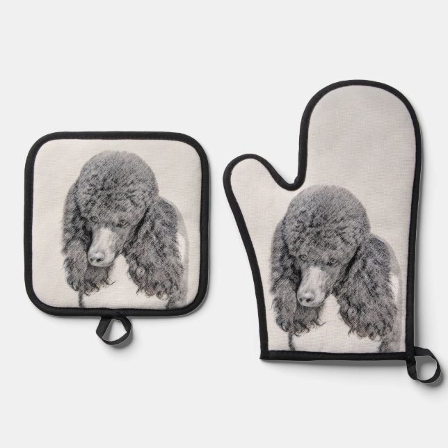 Standard Poodle Malerei Parti Schwarz-weiß Dog Art Ofenhandschuh & Topflappen-Set (Vorderseite)