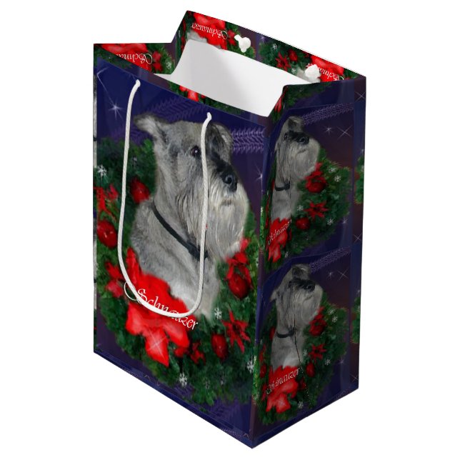 Standard Schnauzer Weihnachten Mittlere Geschenktüte (Vorderseite Schrägansicht)