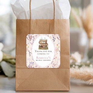 Stapel Bücher Brautparty Aquarell Wildblume Quadratischer Aufkleber
