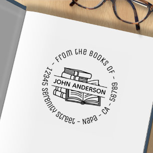 Stapel Bücher Runde Adress-Exlibris 2 Gummistempel